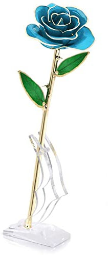 Tnfeeon 24 Karat Gold Rose Blume mit Ständer Langer Stiel Gerader Griff für Ornament Handgefertigt Handwerk Muttertag Mädchen Geburtstag Hellblaue Rose mit Ständer