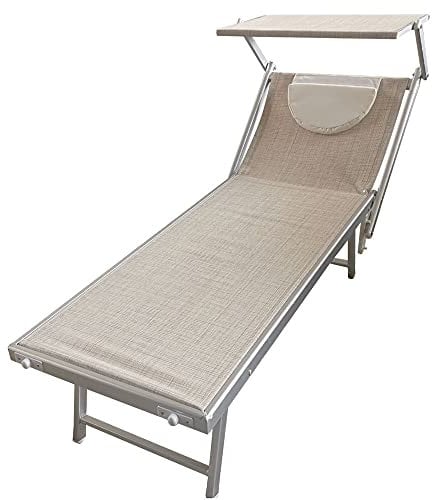 BAKAJI Lettino Prendisole Pieghevole da Mare con Tettuccio Parasole e Cuscino Poggiatesta Sdraio Stabilimento Piscina Spiaggia Professionale in Alluminio e Textilene 189 x 61 x 38 cm (Beige Melange)
