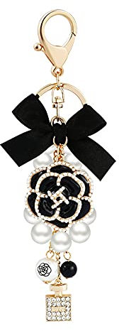 SWJEWEL Porte-clés en forme de fleur en forme de bouteille de parfum en diamant, nœud papillon, perles de perles, porte-clés personnalisé pour femme, sac à main, portefeuille, fille (fleur parfumée),