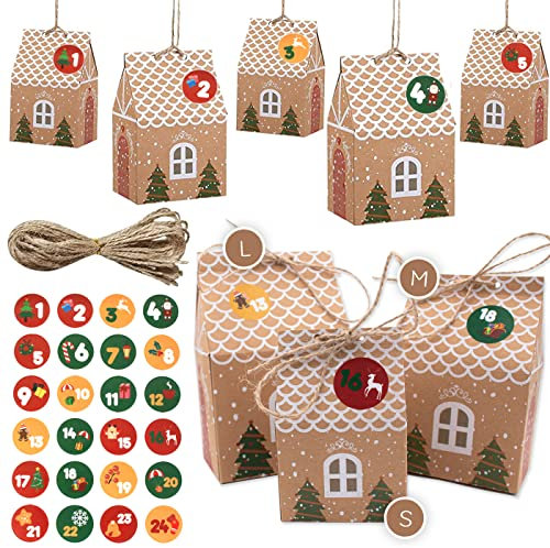DIY Adventskalender Häuser in 3 Größen zum Basteln und Befüllen - 24 braune, bedruckte, faltbare Häuschen mit Zahlen-Aufklebern und Kordel für Weihnachten 2024