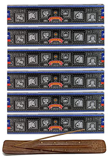 Satya Super Hit Räucherstäbchen – 6 Stück Düfte mit Nakshatra Räucherstäbchenhalter | Jede Box 15 g Joss Stick lang brennendes Haus Aroma Hex | für Meditation Yoga Aromatherapie von Nakshatra®