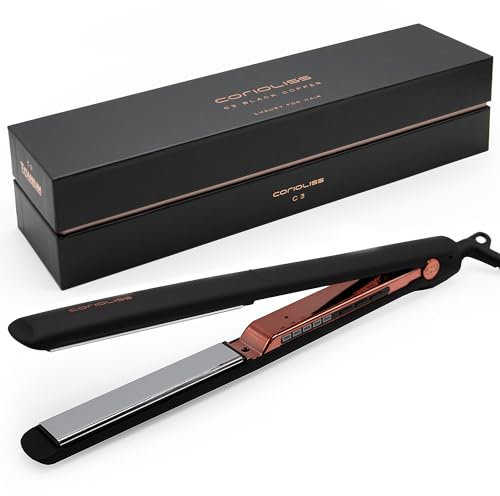 Corioliss C3 | Plancha del pelo Profesional | Placas extralargas de titanio | Alisado y Ondas | Temperatura ajustable 135º-235º | Calentamiento 20 seg | Con funda de Viaje | Black Copper