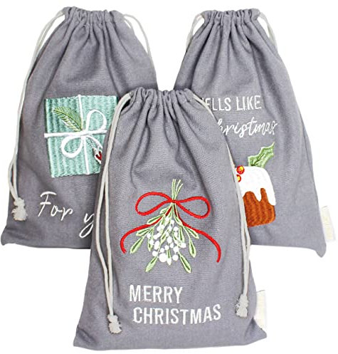 Papierdrachen 3 Geschenksäckchen zu Weihnachten - wunderschön bestickt und ideal zum nachhaltigen Verpacken von Weihnachtsgeschenken - Blau Grau mit Bestickung - 20x30 cm - Set 11