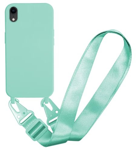 MBSLFY Case Compatible with iPhone XR, Liquid Silicone Protective Phone Case with Strap Adjustable Neck Cord Necklace Soft Cover for iPhone XR, Mint green
