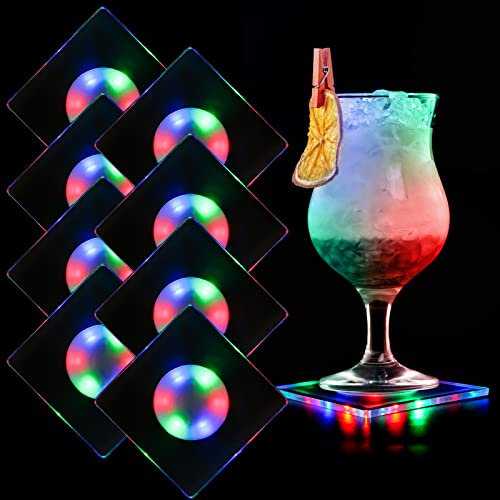MEDOYOH 8er-Set Quadratische Bunt oder Weiß LED Untersetzer für Getränke, Wasserdicht Acryl, ON/OFF Taste, 3 Beleuchtungsmodi