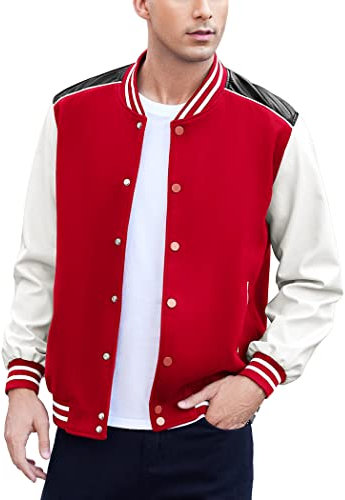 COOFANDY Herren Varsity-Jacke, lässige Lederärmel, Baseball-Letterman-Bomberjacke, Mantel, rot, Large