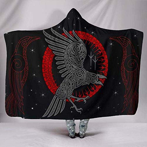 YEOL Wikinger Odins Decke mit Kapuze Weich Wohndecke Schlafdecke Sofadecke Plüschdecke Pelzdecke Wearable Nordisch Mythologie Sherpa Blanket (Wikinger-Rabe, Erwachsener 150x200cm)