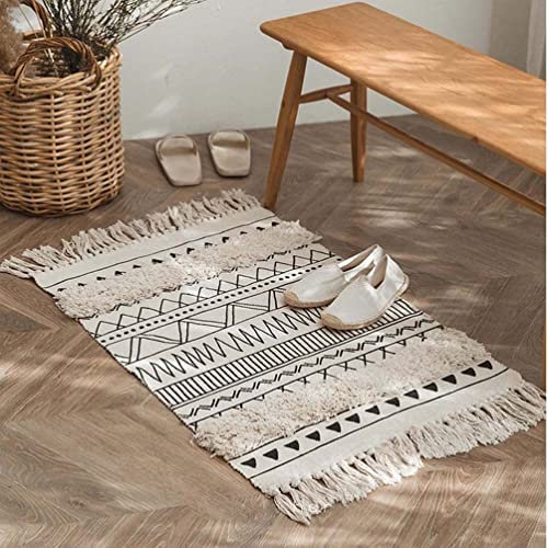 JaeMoose Baumwolle Teppich Getuftet Baumwollteppich Waschbar Retro Flur Teppich mit Quasten Marokkanisch Boho Teppiche für Wohnzimmer Schlafzimmer Eingangstür (Weiß, 60 x 90 cm)