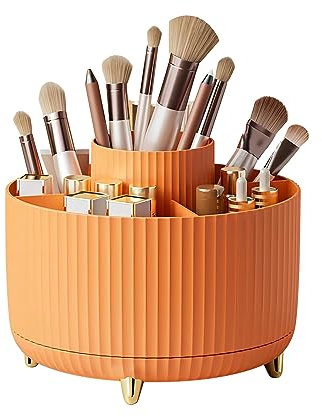 DASITON Large Capacity Makeup Brush Holder,360° Rotating Makeup Organizer,5 Slot Makeup Brushes Cup,for Vanity Decor,Bathroom Countertops,Desk Storage Container,Cosmetic Display Cases(Orange)