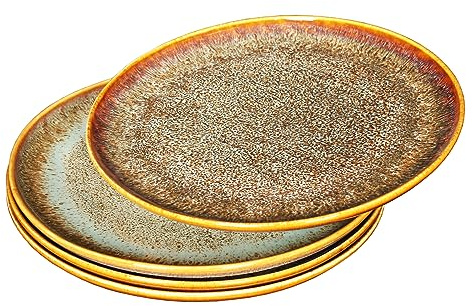 YA JU Ceramic Plates Set of 4, Main Course for Steak, Bread, Risotto, Pasta, Appetizer, Microwave, Oven and Dishwasher Safe, Scratch-Resistant (Brown Round Dinner Plate)