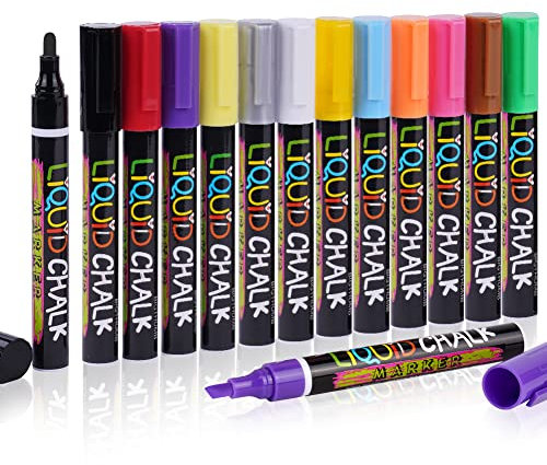 Vicloon Kreidestifte, 12 Stück Fenster mit Whiteboard Marker, 6mm Kreidemarker für Tafel Abwaschbar, Rund und Meißelspitzen, Tafelstifte, Kreidemarker, Fensterstifte, Weihnachtsgeschenke für Kinder