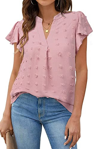 PASUDA Chemise Femme Chic et Élégant Blouse Col V Manches Courtes Chemisier Chiffon Décontracté D'été Couleur Unie T Shirt Haut Ample Tunique (Rose, XL)