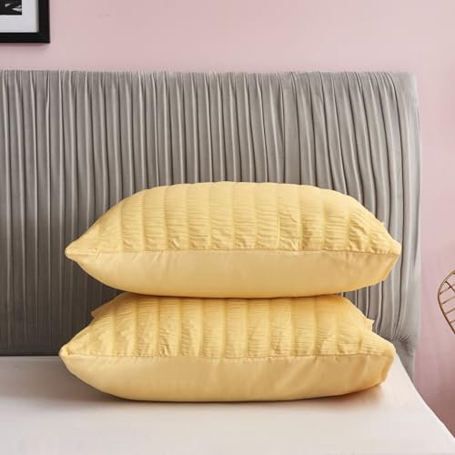 Freyamy Seersucker Kissenbezug 40x80cm 2er Set Gelb Geprägt Streifen Strukturiert Chic Kopfkissenbezug Gebürstet Microfaser Weiche Kissenhülle Bequem Kissenbezug mit Reißverschluss
