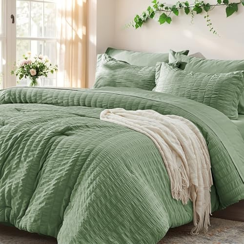 Bettwäsche-Set für King-Size-Betten, 7-teilig, Salbeigrün | Zzlpp Seersucker Öko-Tex-zertifizierte Daunen-Alternative Bettdecke mit atmungsaktiven Laken und Kissenbezügen, leicht