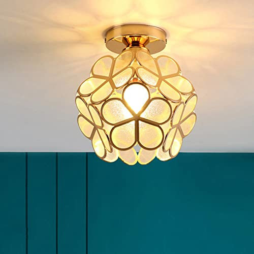 Mengjay Vintage Deckenlampe aus Metall E27,Blütenblattform Glas Lampenschirm Semi-Flush-Mount Deckenleuchte,Wohnzimmer Schlafzimmer Pendelleuchte Retro Hängeleuchte (Gold)