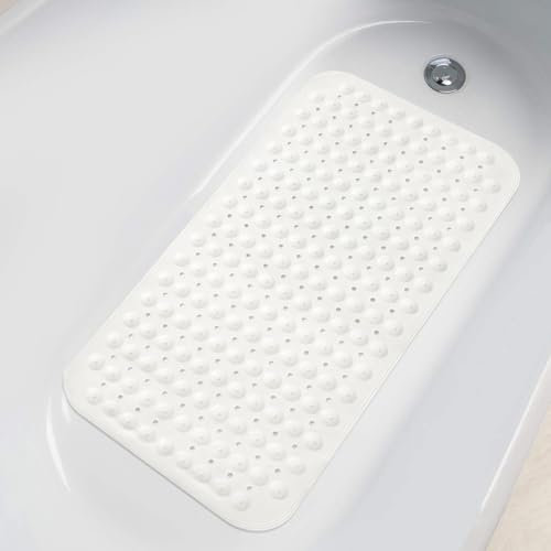 ZHICHENG Tapis de bain antidérapant – Long 80 x 40 cm – Tapis de bain antidérapant pour baignoire – Tapis de bain antidérapant avec particules de massage (blanc)