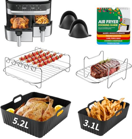 Air Fryer Accessories with Magnetic Cookbook for Tefal Easy Fry 5.2L/3.1L, for Tower T17099, for Salter EK5729, for Huddle 5L/3.5L - Different Size Dual Drawer Air Fryer Silicone Liners - Black