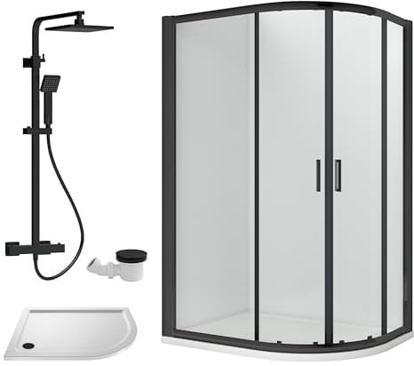 Ruwa Shower Enclosure Bundle - Offset Right Quadrant, Tray, Square Shower & Waste - White/Black - 1000mm x 800mm - Balterley