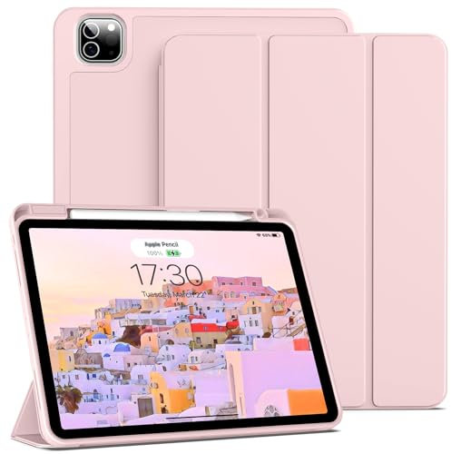 BQDIYOO Case for 11 inch iPad Pro 4th/3rd/2nd Generation 2022/2021/2020, with Pencil Holder, Trifold Stand Protective Case, Soft Slim TPU Back Cover, Auto Wake/Sleep, Pink