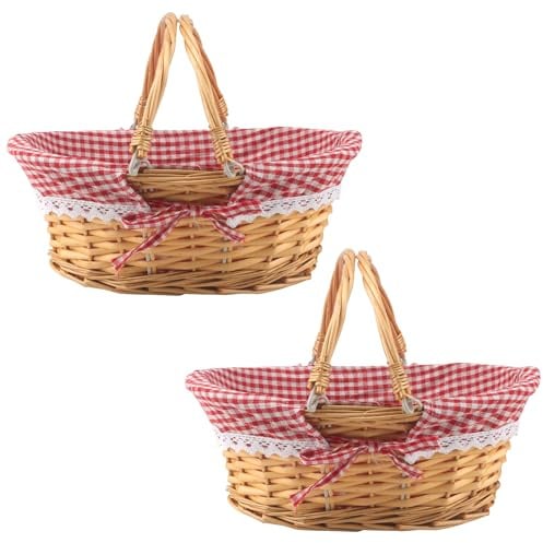 MUKCHAP 2 Stück Picknickkorb aus Weide, Picknickkorb Oval mit Klappbarem Griff, Picknickkorb Gewebt für Partys, Grillabende, Honigfarben, 32 x 23 x 12 cm