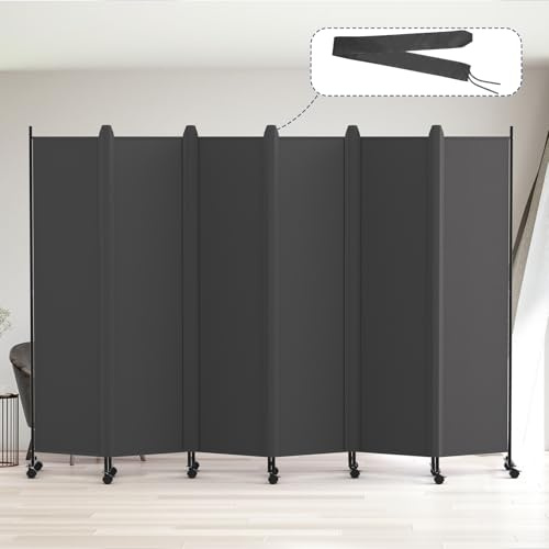 Kokorona 6 Panel Room Divider, 6FT Tall Rolling Privacy Screen with Lockable Wheels, Folding Wall Dividers Portable Room Divider for Room Separation, Included - Cover Strips, Grey, W 302 x H 178 cm