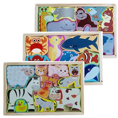 Wooden Toddler Puzzles,3 Pack Animal Wooden Jigsaw Puzzle for 1 2 3 Year Old Baby Boys or Girls,Toddlers Gift,Preschool Learning Educational Toys