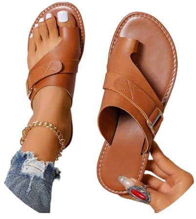 Onsoyours Hallux Valgus Sandales Femme Été Confortable Plates Tongs PU Nu Pieds Bout Ouvert Chaussures Orthopediques Sandales Pantoufles de Plage Vacances Slippers A Marron 39 EU
