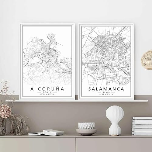 Minimalista Negro Blanco España Ciudades Mapas A Coruna Salamancacarteles Modernos Impresiones Arte De La Pared 2 Piezas Pintura En Lienzo Sala De Estar Decoración Del Hogar 60Cmx80Cmx2Pcs Sin Marco