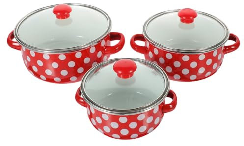 Alipis Enamel Mini Soup Pot Set with Lid 12-14-16cm Red White Dot Small Stock Pots Double Handle Vintage Cooking Pans for Kitchen Stew and Noodle Cooking