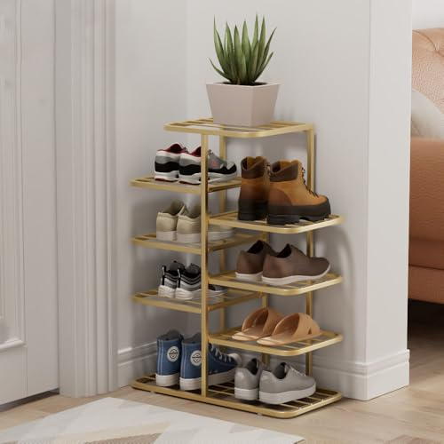 YOUSIS Vertical Shoe Rack Gold Metal, Multi Tier Shoe Storage Organizer | Space Saving Narrow Shoe Rack, Adjustable Shelves Suitable for Bedroom, Living Room, Entryway, Closet, Sturdy & Rust-Proof