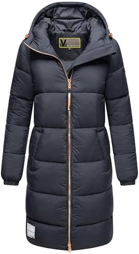 MARIKOO Damen Wintermantel warmer Steppmantel mit Kapuze und hochwertigen roséfarbenen Details und Kapuze Nomadiaa 16 Navy Gr. M