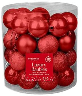 Christmas large luxury Baubles - RED - Christmas Tree Decorations set of 40 (5 cm) combination of Shiny,Matt and Glitter. Comes complete with a colour matched red hanging thread.