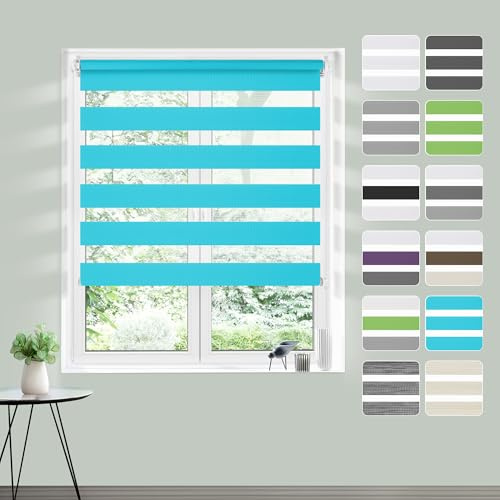 Doppelrollo Klemmfix ohne Bohren 90x120cm(BxH), Rollos für Fenster ohne Bohren Türkis, Duo Rollo Klemmrollo, Lichtdurchlässig & Sichtschutz,Fenster Rollos für Innen