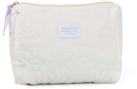 Dokeno Trousse Maquillag, Trousse de Maquillage Florale, Coton Trousse Maquillage, Trousse de Toilette, Portable Trousse à Maquillage, Pochette Maquillage pour Femme, Fille, Voyage (Blanc)