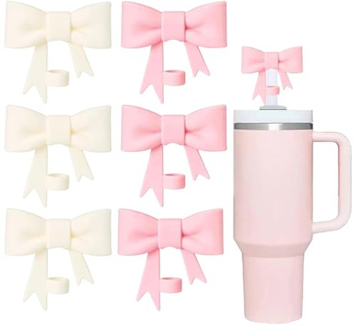 6 PCS Pink Bow Straw Covers for Stanley Cups - 10mm Reusable Silicone Toppers, Classic Accessories (Pink and Beige)
