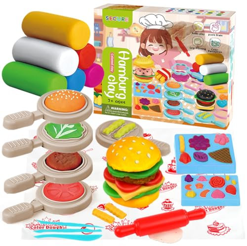 21 Stück Knete Zubehör Knetzubehör mit Knetwerkzeug Burger,Kreative Hamburger Küche, Knete Set für Kinder,6 Dosen Knete,Spielzeug Geschenk Mädchen & Junge 2-10 Jahre