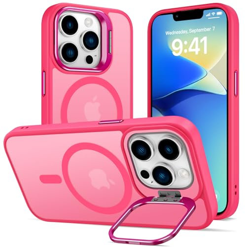 Cover Cavalletto per iPhone 13 Pro, Compatibile con MagSafe, Magnetica Custodia con Supporto per Fotocamera Regolabile Integrato Traslucida Opaca Antiurto Protettiva Resistente Case,Rosa Calda