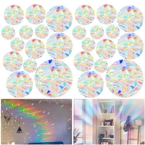 simarro 26 Stück Prisma Fensteraufkleber für Vogelschläge, Suncatcher Sticker Kreisförmig Sonnenfänger Vogelschutz Regenbogen Fensterfolie Aufkleber für Glasscheiben Türfenster Schlafzimmer