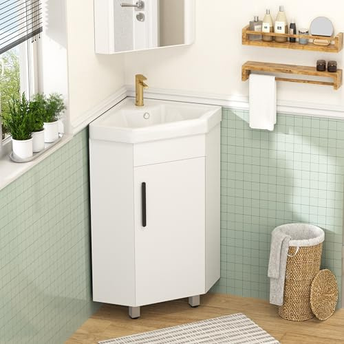 Findepot 24 Corner Bathroom Vanity Sink Combo for Small Space Freestanding Compact Space Bathroom Storage Cabinet with White Ceramic Sink, Adjustable Shelf and Black Handle, White