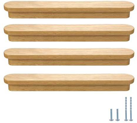 Evionlin 4 Pack Oak 22.9 cm Widened Wooden Cabinet Door Handles for Wardrobe, Drawer, Cupboard Door Pull (Centre to Centre 19.2 cm)