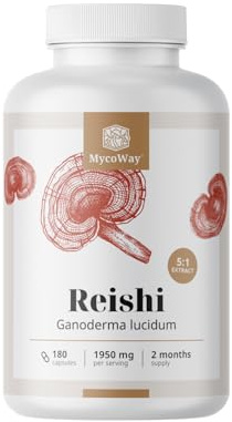 MycoWay Reishi Kapseln 1950 mg – Starker 5:1-Extrakt – 180 Kapseln | 9750 mg Reishi-Extrakt, Immunsystem & Kreislauf, 60–90 Portionen, Hohe Bioverfügbarkeit