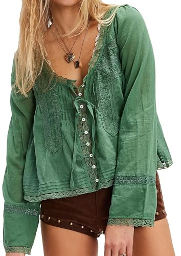 Yoisdtxc Women Boho Tops Lace Tie Up Front Sheer Blouses Spring Fall Casual Tops (A-Turquoise, S)