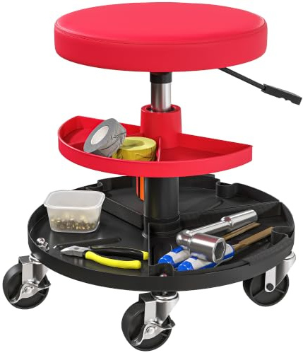 HOMCOM Rolling Mechanic Stool with 135kg Capacity 360° Swivel Wheels Red | Workshop Stool, Roller Padded Creeper Seat, Tool Trays Storage, Garage, Shop, Auto Repair