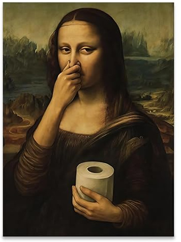 Funny Bathroom Wall Art, Humorous Mona Lisa Wall Decor, Unique Bathroom Pictures for Toilet, Unframed Vintage Canvas Poster, Novelty Mona Lisa Holding Her Nose Print for Home Office, 40x30cm/16x12in