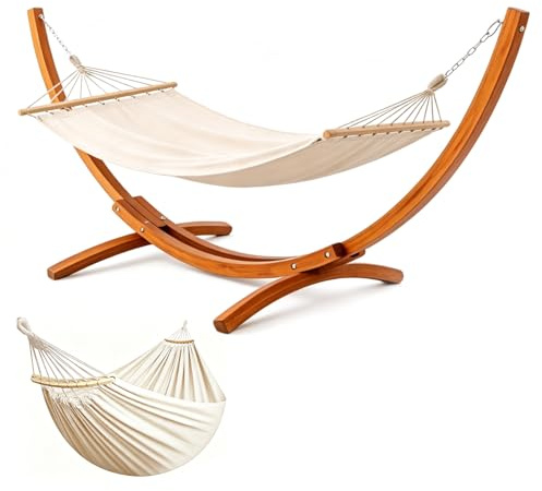 HOMAVO Hamac avec Support en Bois, Double Hamac, Charge 200 kg (Beige)