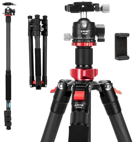 CAVIX 62 Professional Carbon Fiber Camera Tripod, Tripod & Monopod 2 in 1, Lightweight Travel Tripod with 360° Ball Head and Arca-Swiss QR Plate, 22lbs/10kg Load for DSLR Video Travel Photography