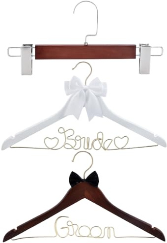 WADORN 3er Pack Hölzerne Kleiderbügel Für Brautkleider Fliegen Und Hosenclips (rutschfest) Kleiderbügel Für Braut Bräutigam Zur Dekoration Der Hochzeitskleidung Geschenk Zum Junggesellinnenabschied