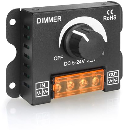 LED Dimmer Switch, 30A DC 5V-24V PWM LED Strip Light Dimming Controller | PWM Stepless Brightness LED Dimmer, with Adjustable Knob, for Single Color 5050 3528 5630 LED Strip Lights