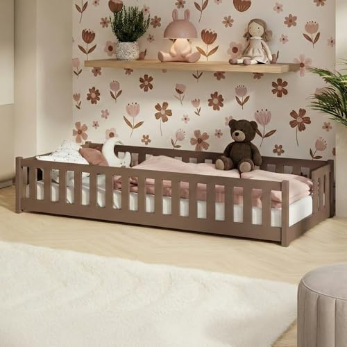 Kids Collective Kinderbett Bodenbett mit Rausfallschutz & Lattenrost Montessori Bett Bed Gitterbett Kinder Jugendbett Einzelbett | 90x200 cm | Milchschokolade