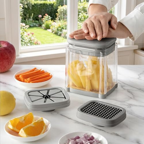Vegetable Chopper 4-in-1 – Manual Food Cutter with 4 Interchangeable Blades, Onion Chopper for Potatoes Carrots Cucumbers, Easy to Clean Kitchen Gadget